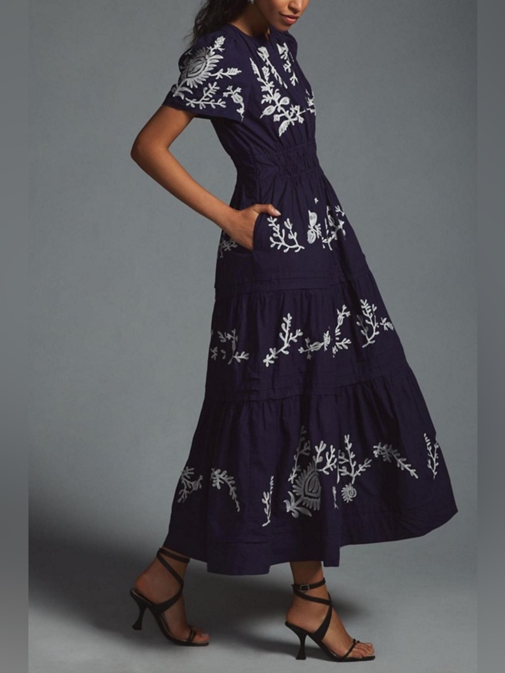 Anthropologie Somerset Embroidered Navy White Boho Dress Large - Picture 4 of 8